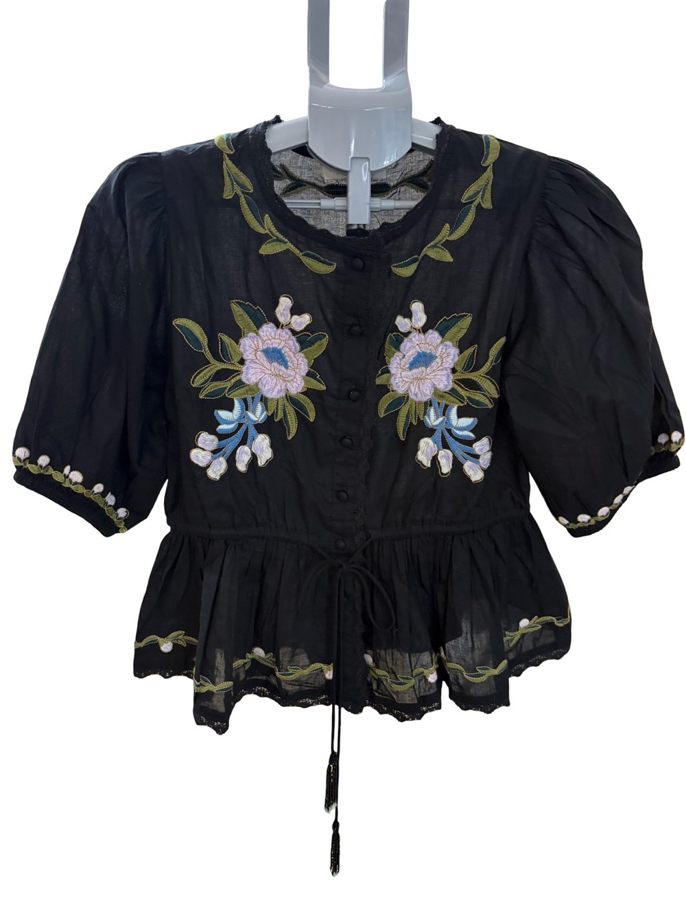 Black Embroidered Peplum Button-Front Blouse with Floral Accents